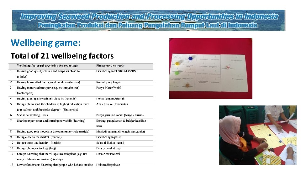 Wellbeing game: Total of 21 wellbeing factors 