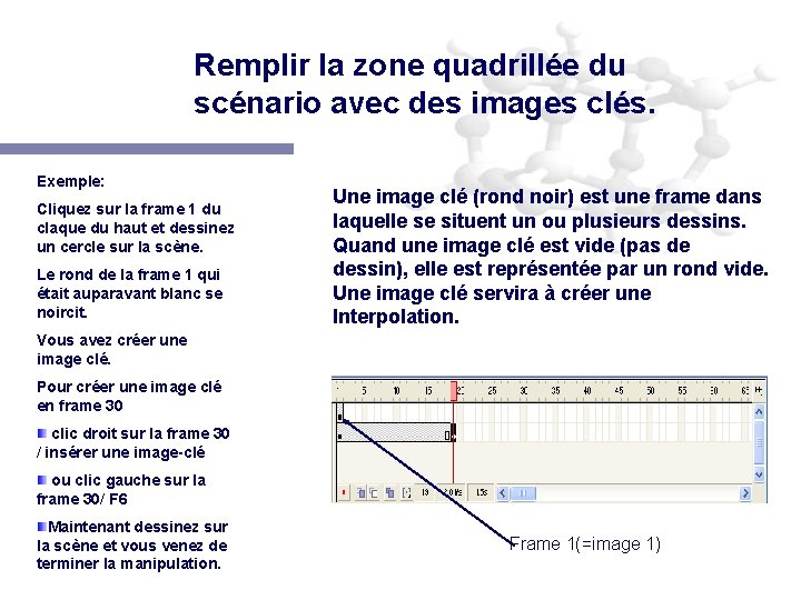 Remplir la zone quadrillée du scénario avec des images clés. Exemple: Cliquez sur la