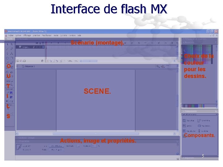 Interface de flash MX Scénario (montage). Choix de la couleur pour les dessins. O