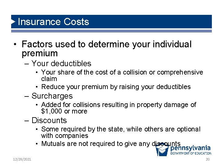 Insurance Costs • Factors used to determine your individual premium – Your deductibles •