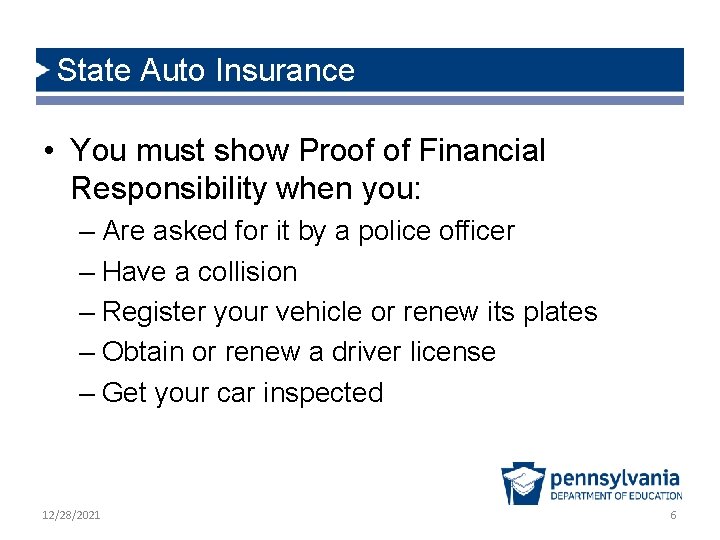 State Auto Insurance • You must show Proof of Financial Responsibility when you: –