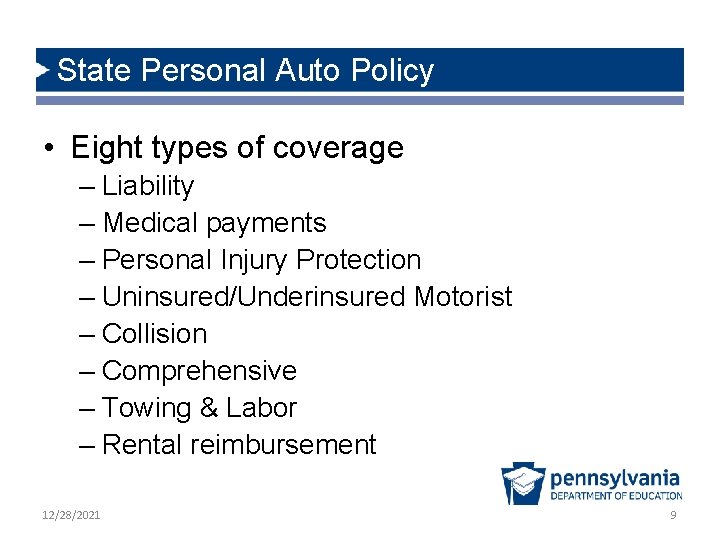 State Personal Auto Policy • Eight types of coverage – Liability – Medical payments