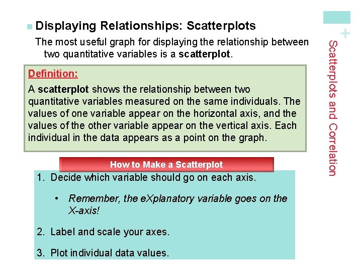 Relationships: Scatterplots Definition: A scatterplot shows the relationship between two quantitative variables measured on
