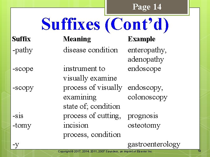 Page 14 Suffixes (Cont’d) Suffix Meaning Example -pathy disease condition -scope instrument to visually