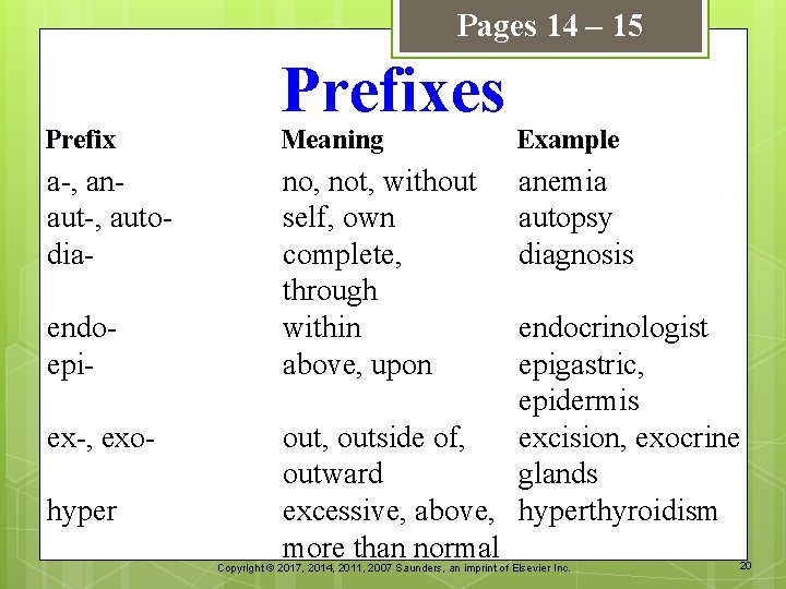 Pages 14 – 15 Prefixes Prefix Meaning Example a-, anaut-, autodia- no, not, without