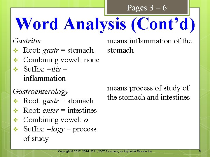 Pages 3 – 6 Word Analysis (Cont’d) Gastritis v Root: gastr = stomach v