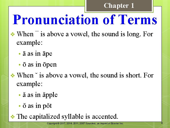 Chapter 1 Pronunciation of Terms v When ¯ is above a vowel, the sound