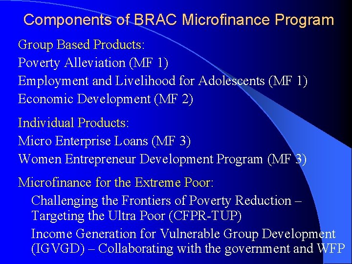 Components of BRAC Microfinance Program Group Based Products: Poverty Alleviation (MF 1) Employment and