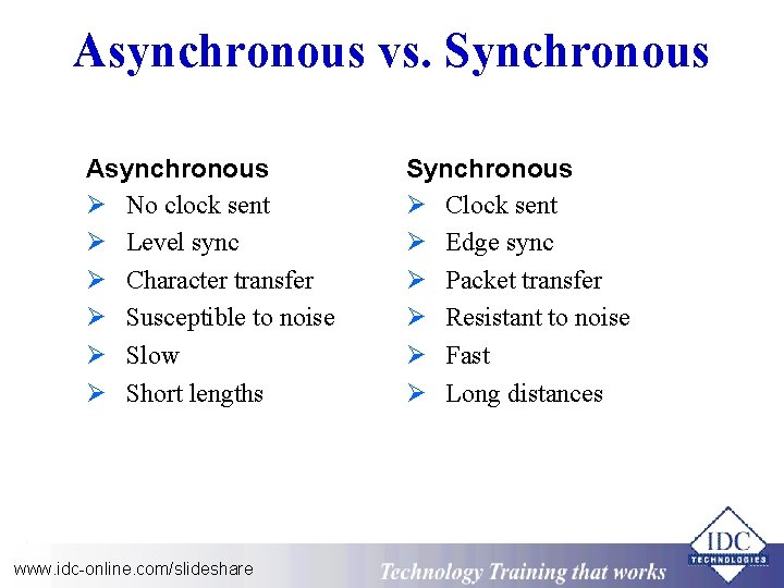 Asynchronous vs. Synchronous Asynchronous Ø No clock sent Ø Level sync Ø Character transfer