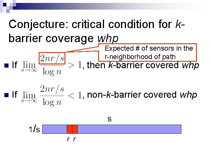 Conjecture: critical condition for kbarrier coverage whp Expected # of sensors in the r-neighborhood