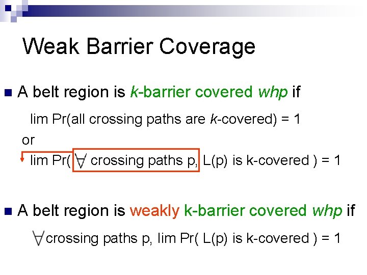 Weak Barrier Coverage n A belt region is k-barrier covered whp if lim Pr(all