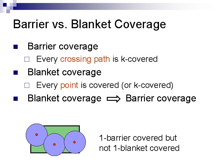 Barrier vs. Blanket Coverage n Barrier coverage ¨ n Blanket coverage ¨ n Every