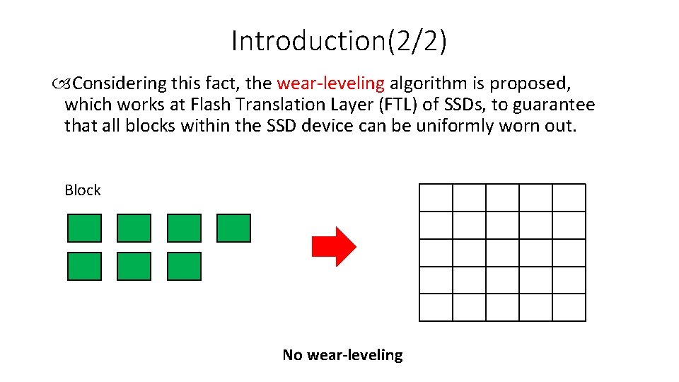 Introduction(2/2) Considering this fact, the wear-leveling algorithm is proposed, which works at Flash Translation