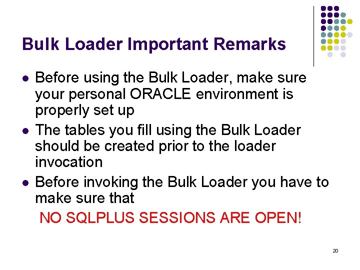 Bulk Loader Important Remarks l l l Before using the Bulk Loader, make sure