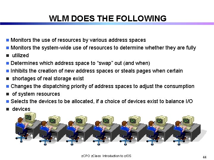 WLM DOES THE FOLLOWING Monitors the use of resources by various address spaces n