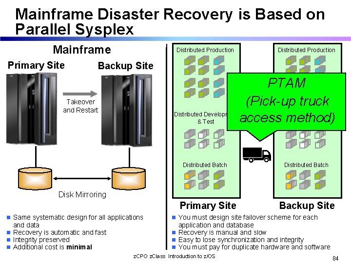 Mainframe Disaster Recovery is Based on Parallel Sysplex Mainframe Primary Site Distributed Production Backup