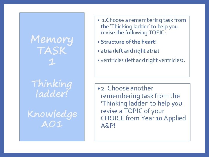GCSE ANATOMY PHYSIOLOGY Remembering Pulse raiser Identify the