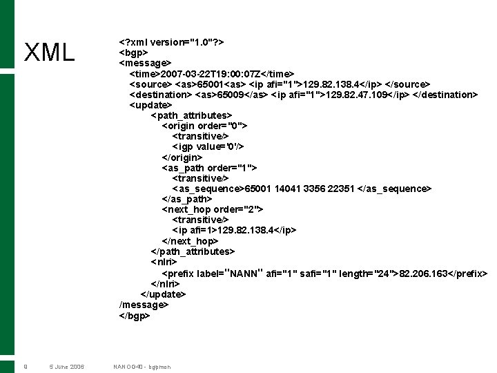 XML 9 5 June 2006 <? xml version="1. 0"? > <bgp> <message> <time>2007 -03