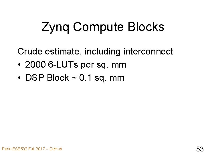 Zynq Compute Blocks Crude estimate, including interconnect • 2000 6 -LUTs per sq. mm