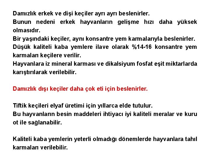Damızlık erkek ve dişi keçiler ayrı beslenirler. Bunun nedeni erkek hayvanların gelişme hızı daha