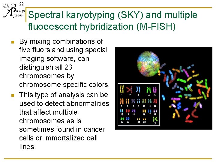 22 Spectral karyotyping (SKY) and multiple fluoeescent hybridization (M-FISH) n n By mixing combinations