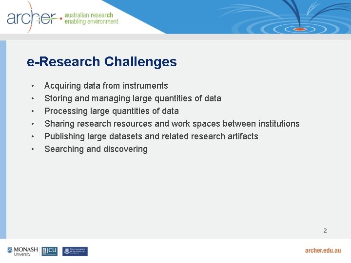 e-Research Challenges • • • Acquiring data from instruments Storing and managing large quantities