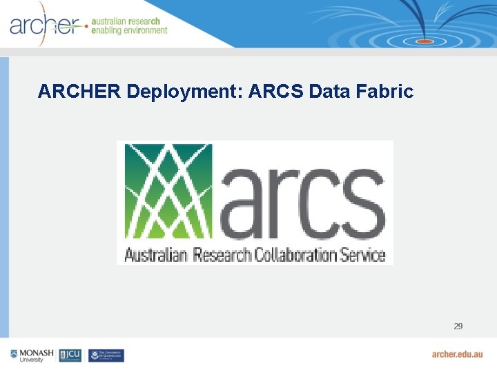 ARCHER Deployment: ARCS Data Fabric 29 