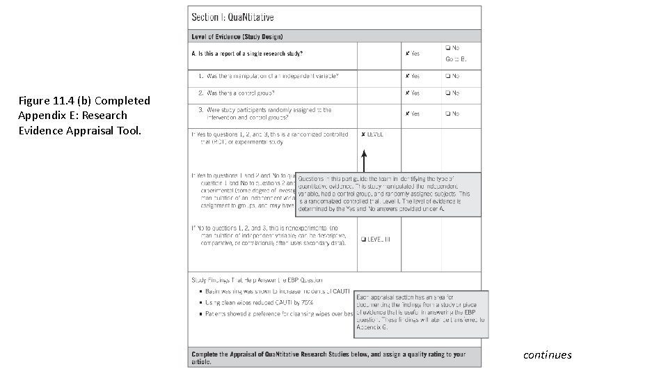 Figure 11. 4 (b) Completed Appendix E: Research Evidence Appraisal Tool. continues Figure 11. 4 (b) Completed Appendix E: Research Evidence Appraisal Tool. continues