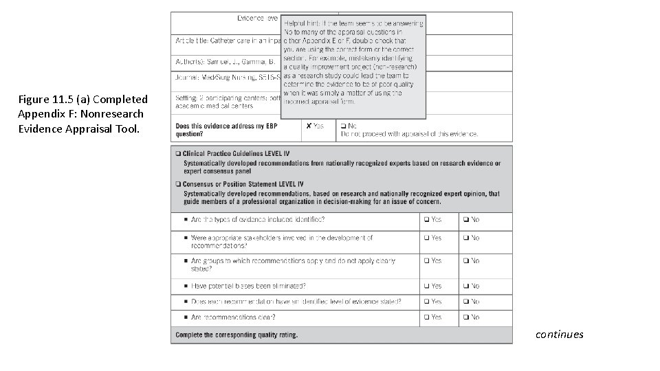 Figure 11. 5 (a) Completed Appendix F: Nonresearch Evidence Appraisal Tool. continues Figure 11. 5 (a) Completed Appendix F: Nonresearch Evidence Appraisal Tool. continues