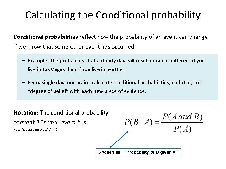 Calculating the Conditional probability Conditional probabilities reflect how the probability of an event can
