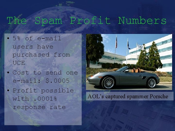 The Spam Profit Numbers • 5% of e-mail users have purchased from UCE •