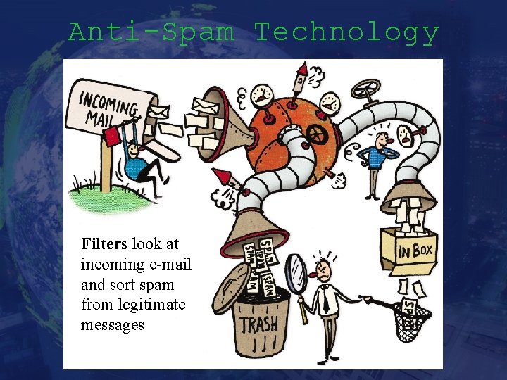 Anti-Spam Technology Filters look at incoming e-mail and sort spam from legitimate messages 
