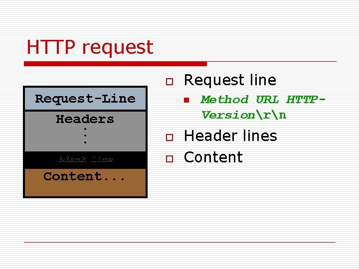 HTTP request o Request-Line Headers. . . o blank line o Content. . .