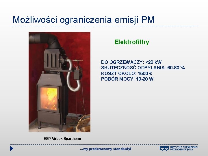 Możliwości ograniczenia emisji PM Elektrofiltry DO OGRZEWACZY: <20 k. W SKUTECZNOSĆ ODPYLANIA: 60 -80