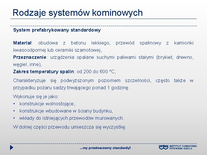 Rodzaje systemów kominowych System prefabrykowany standardowy Materiał: obudowa z betonu lekkiego, przewód spalinowy z