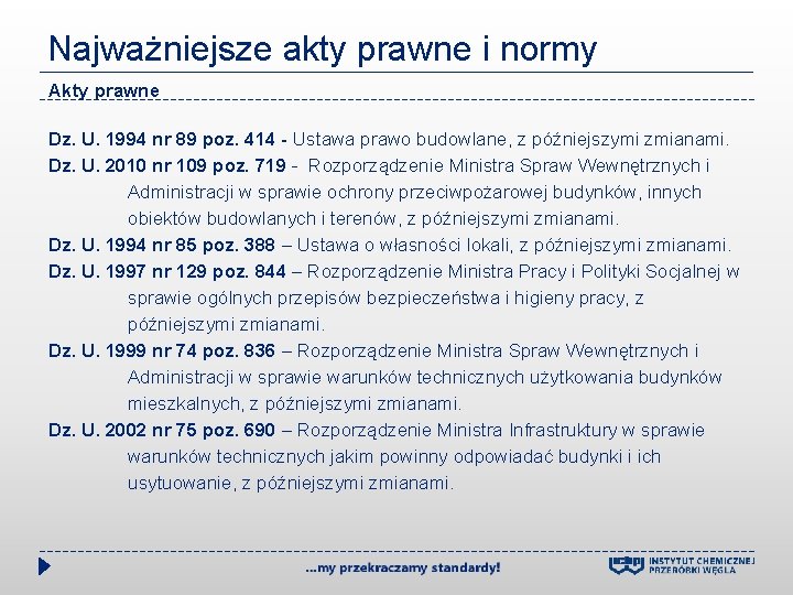 Najważniejsze akty prawne i normy Akty prawne Dz. U. 1994 nr 89 poz. 414