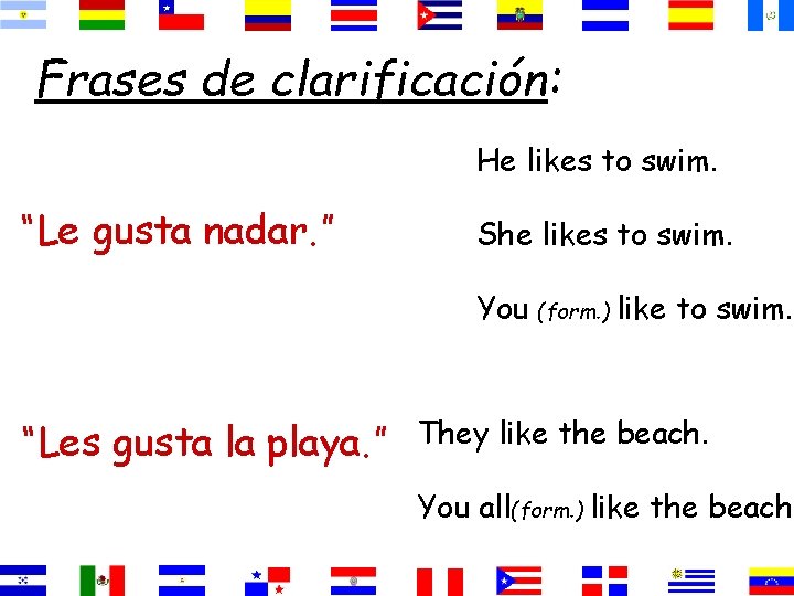 Frases de clarificación: He likes to swim. “Le gusta nadar. ” She likes to
