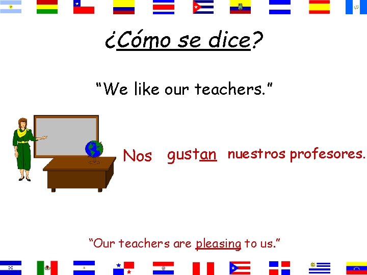 ¿Cómo se dice? “We like our teachers. ” Nos gustan nuestros profesores. “Our teachers