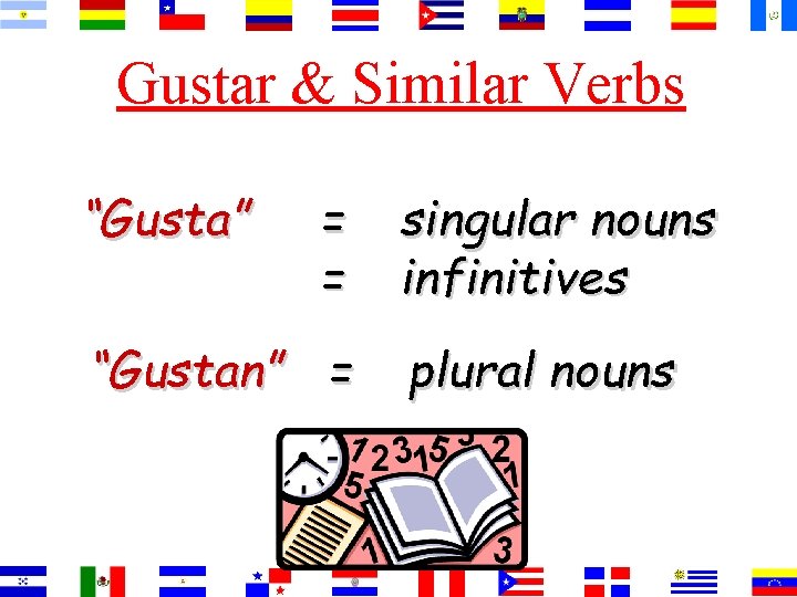 Gustar & Similar Verbs “Gusta” = = “Gustan” = singular nouns infinitives plural nouns