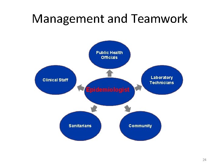 Management and Teamwork Public Health Officials Laboratory Technicians Clinical Staff Epidemiologist Sanitarians Community 24