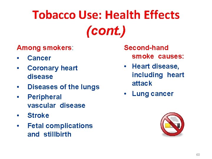 Tobacco Use: Health Effects (cont. ) Among smokers: • Cancer • Coronary heart disease
