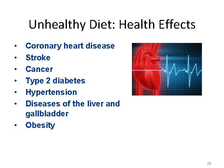 Unhealthy Diet: Health Effects • • Coronary heart disease Stroke Cancer Type 2 diabetes