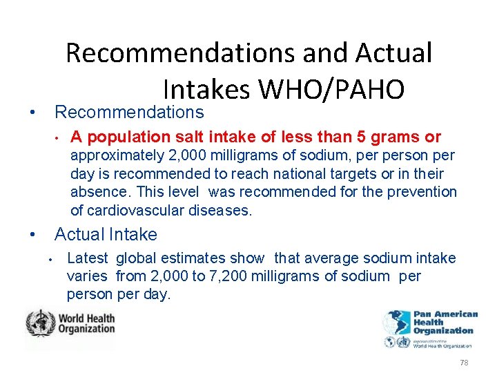 Recommendations and Actual Intakes WHO/PAHO • Recommendations • A population salt intake of less