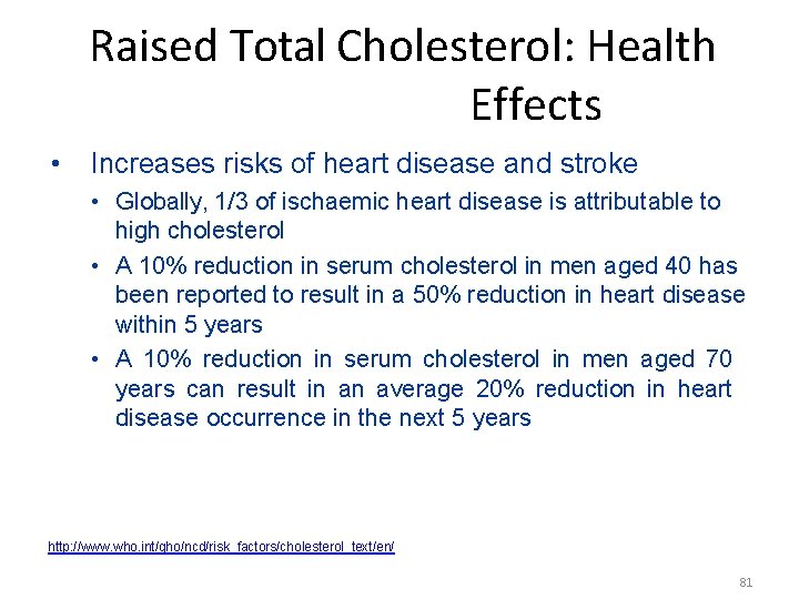 Raised Total Cholesterol: Health Effects • Increases risks of heart disease and stroke •