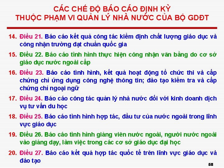 CÁC CHẾ ĐỘ BÁO CÁO ĐỊNH KỲ THUỘC PHẠM VI QUẢN LÝ NHÀ NƯỚC