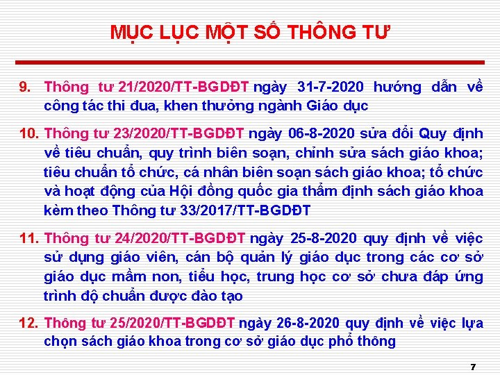 MỤC LỤC MỘT SỐ THÔNG TƯ 9. Thông tư 21/2020/TT-BGDĐT ngày 31 -7 -2020