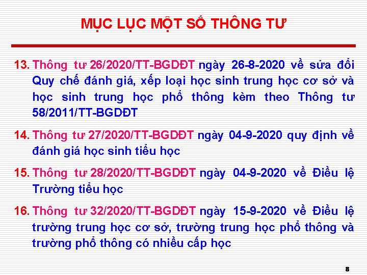 MỤC LỤC MỘT SỐ THÔNG TƯ 13. Thông tư 26/2020/TT-BGDĐT ngày 26 -8 -2020