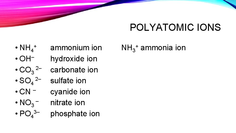 POLYATOMIC IONS • NH 4+ • OH– • CO 3 2– • SO 4