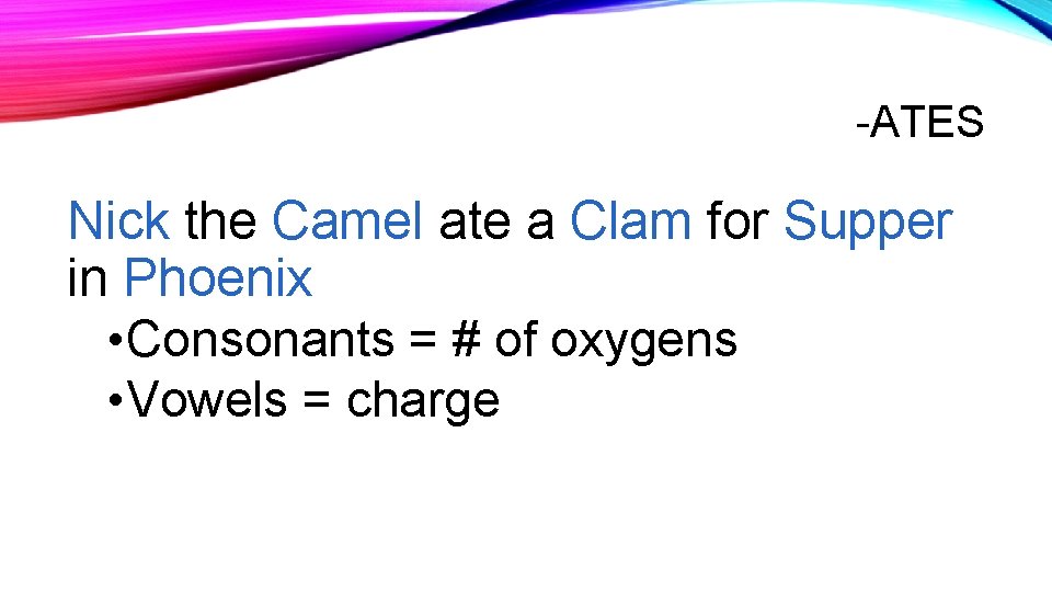 -ATES Nick the Camel ate a Clam for Supper in Phoenix • Consonants =