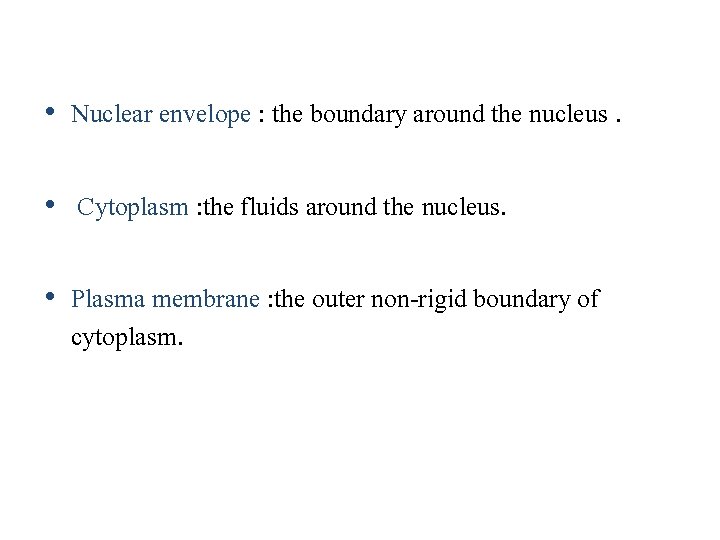  • Nuclear envelope : the boundary around the nucleus. • Cytoplasm : the